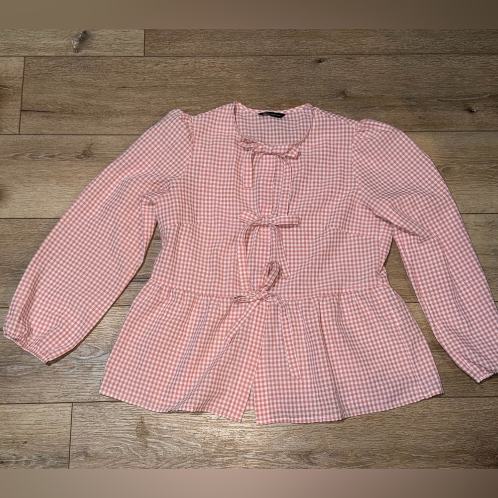 Pretty Garden Pink Gingham Peplum Blouse with Bow Tie‎ Front Medium
